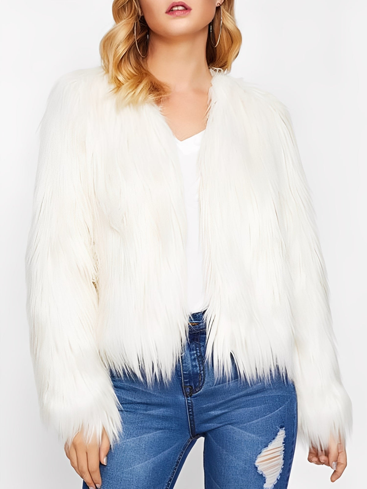 Long Sleeves Collarless Cropped Faux Fur Coat