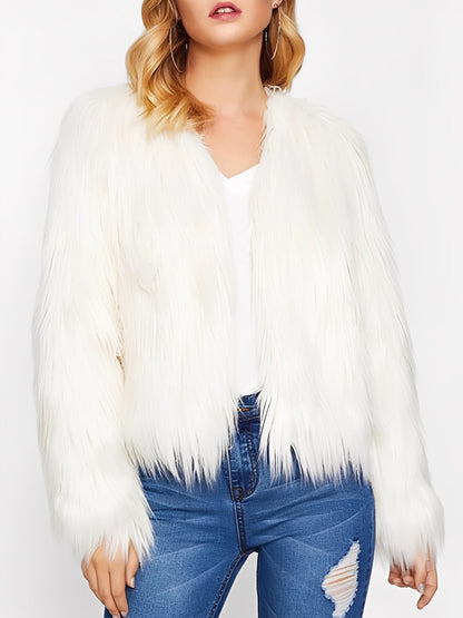 Long Sleeves Collarless Cropped Faux Fur Coat