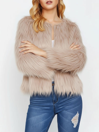 Long Sleeves Collarless Cropped Faux Fur Coat