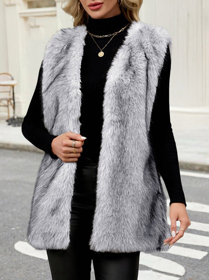 Collarless Sleeveless Open Front Faux Fur Vest