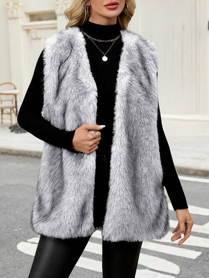 Collarless Sleeveless Open Front Faux Fur Vest