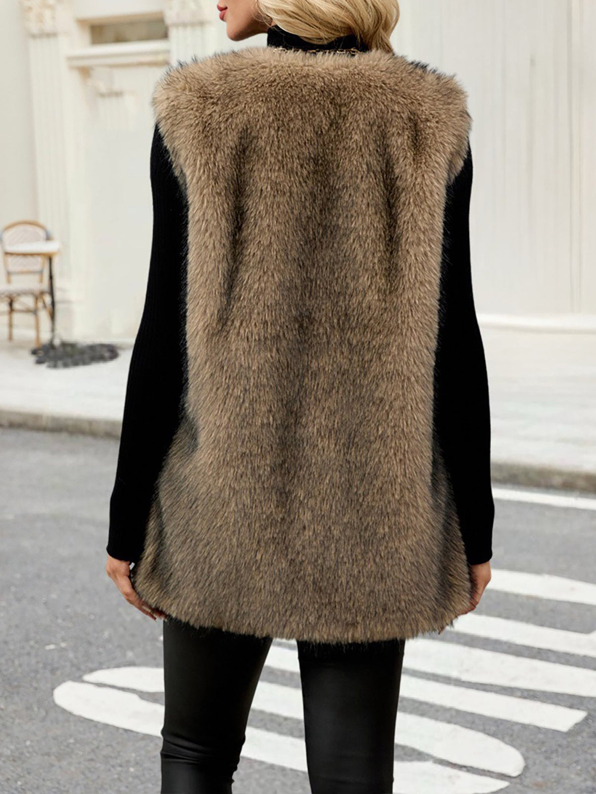 Collarless Sleeveless Open Front Faux Fur Vest