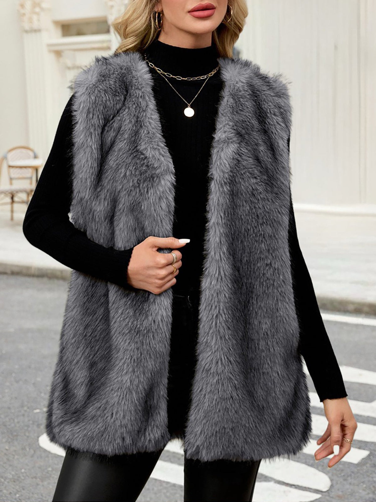 Collarless Sleeveless Open Front Faux Fur Vest