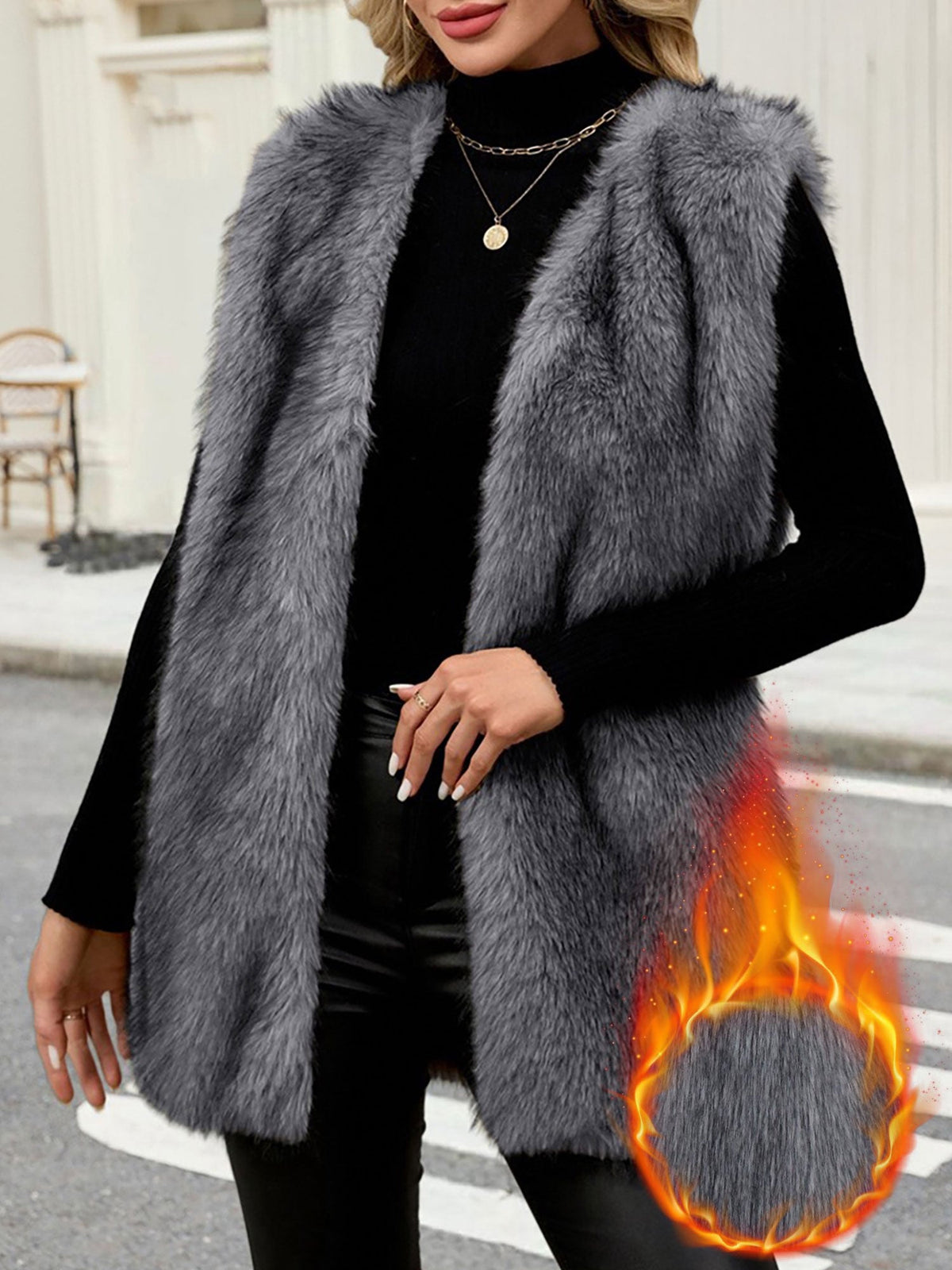 Collarless Sleeveless Open Front Faux Fur Vest