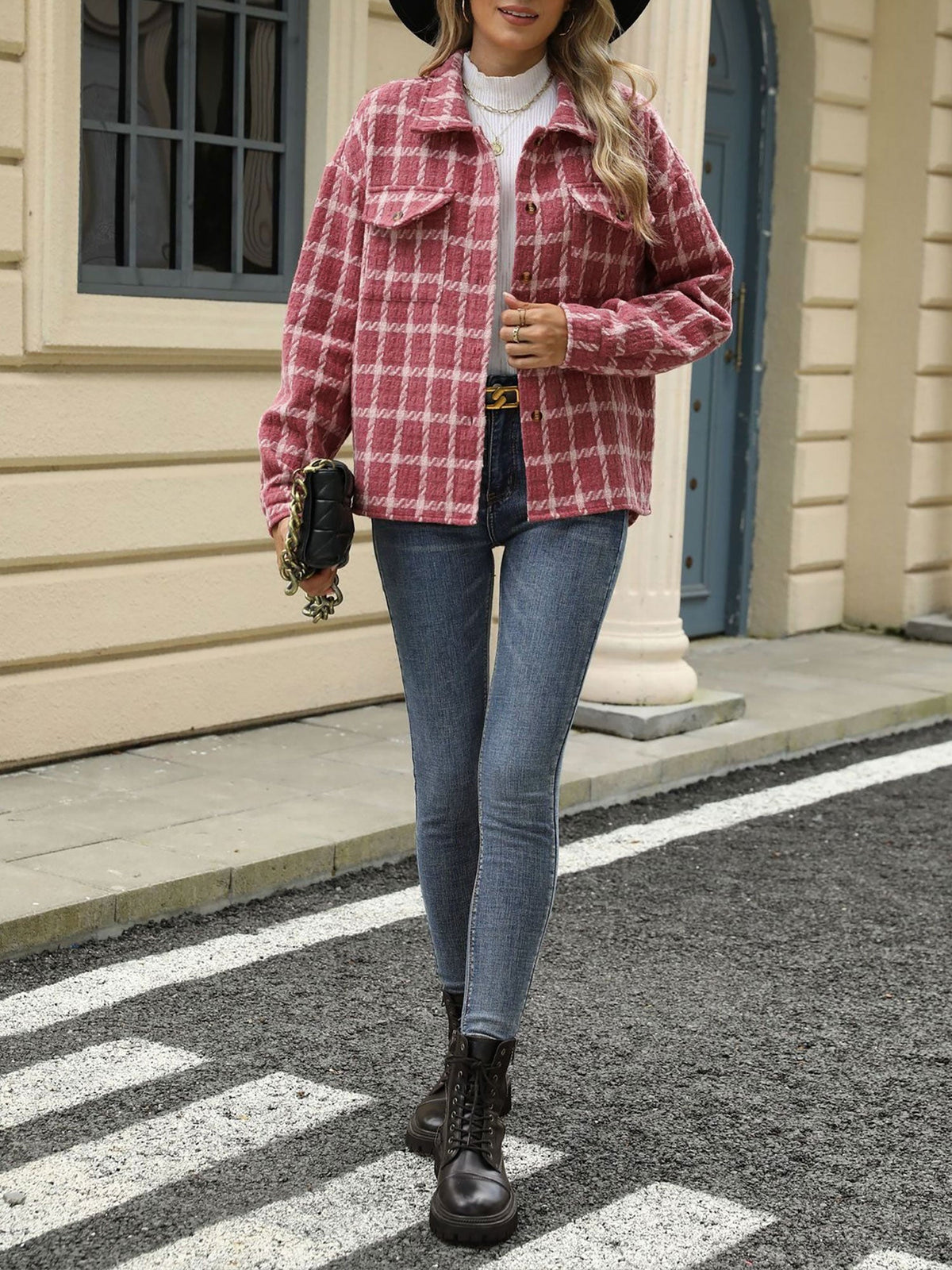 Lapel Plaid Long Sleeves Loose Fit Jacket