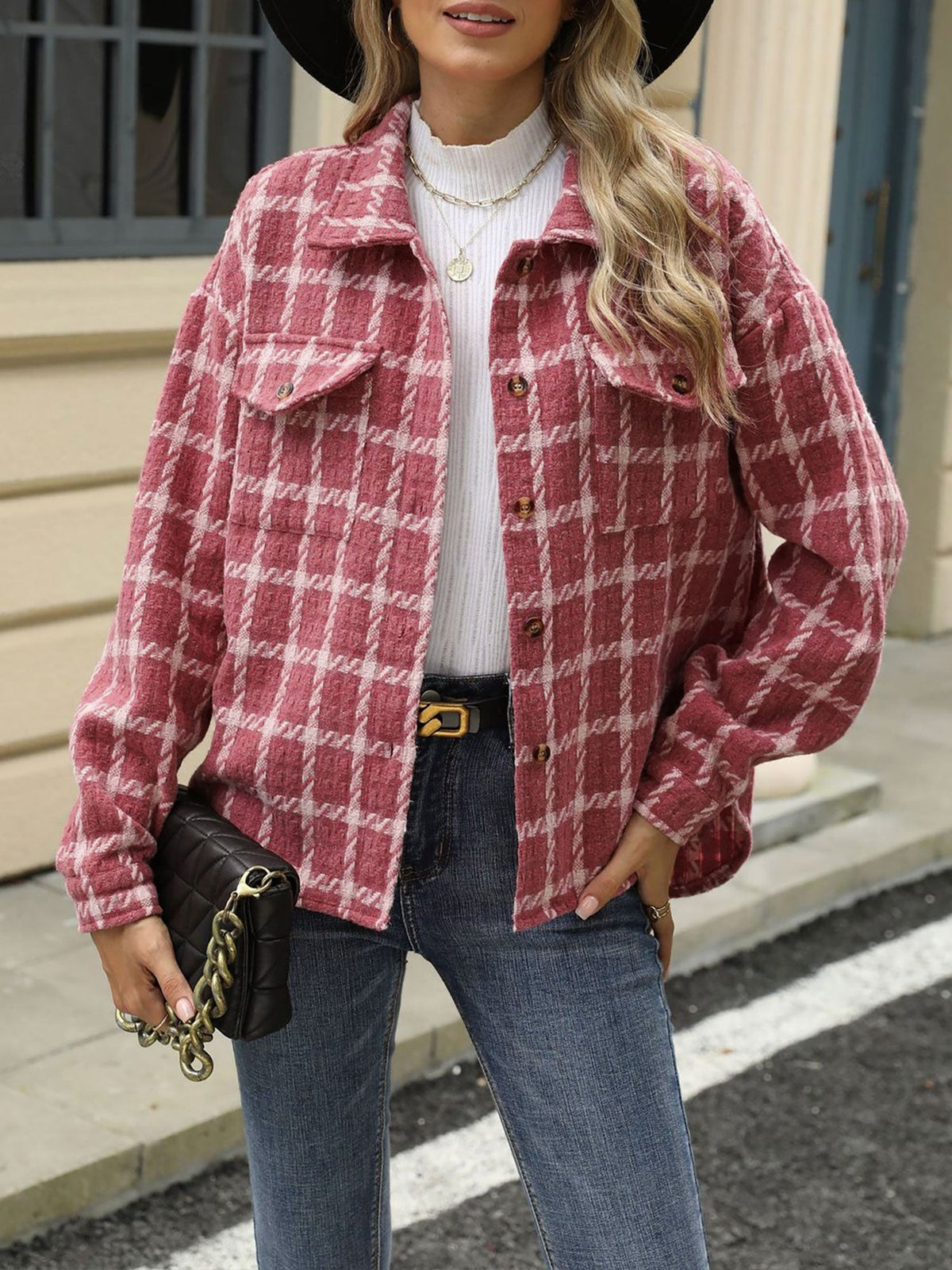 Lapel Plaid Long Sleeves Loose Fit Jacket