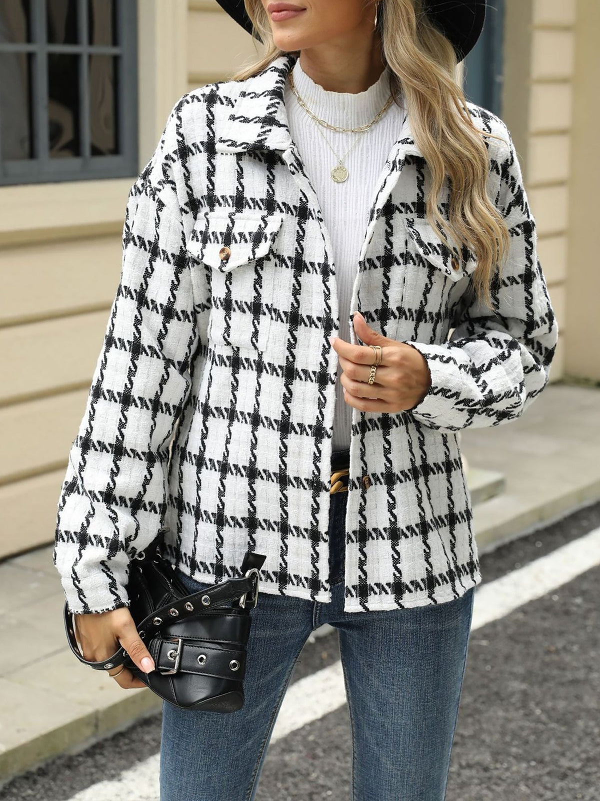 Lapel Plaid Long Sleeves Loose Fit Jacket