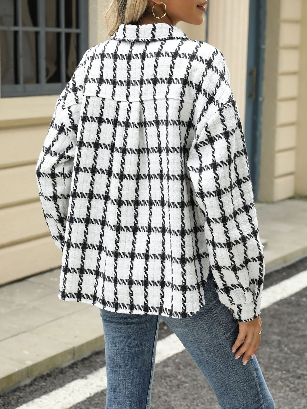 Lapel Plaid Long Sleeves Loose Fit Jacket