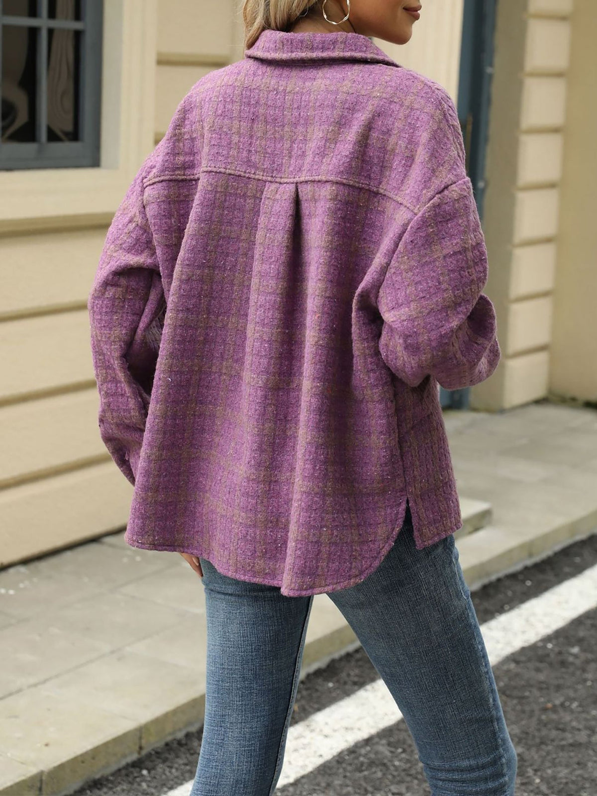 Lapel Plaid Long Sleeves Loose Fit Jacket