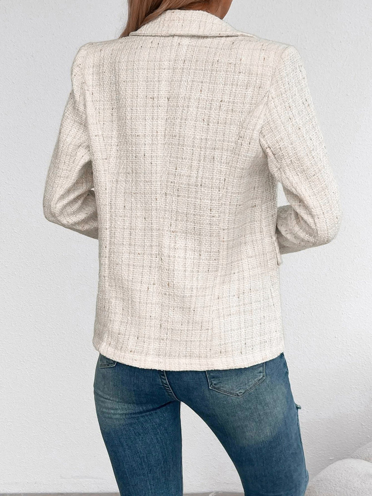Tweed Notched Lapel Long Sleeves Plaid Blazer
