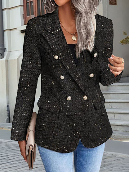 Tweed Notched Lapel Long Sleeves Plaid Blazer