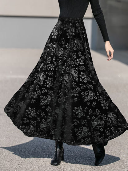 Velvet Floral Textured Elastic Waist Maxi A-Line Skirt