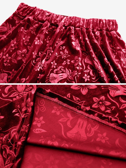 Velvet Floral Textured Elastic Waist Maxi A-Line Skirt