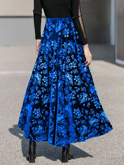 Velvet Floral Textured Elastic Waist Maxi A-Line Skirt