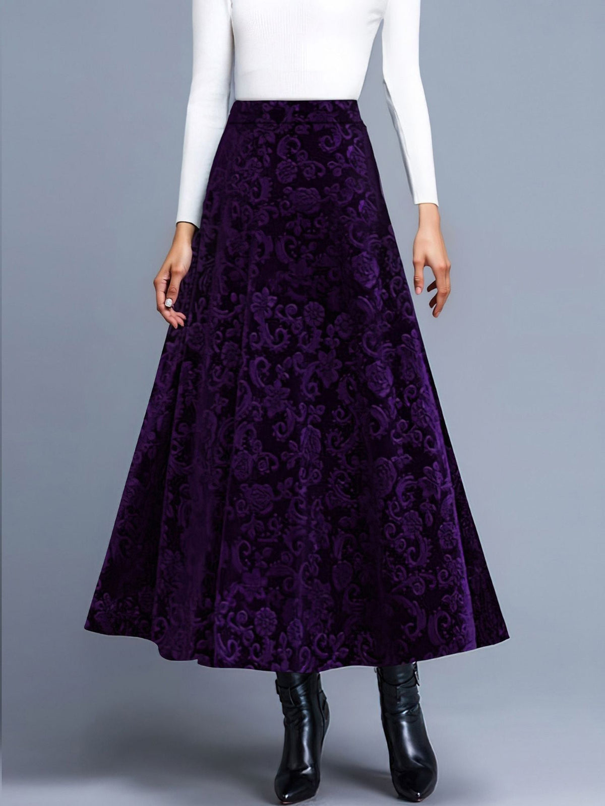 Velvet Textured Maxi A-Line Elastic Waist Skirt