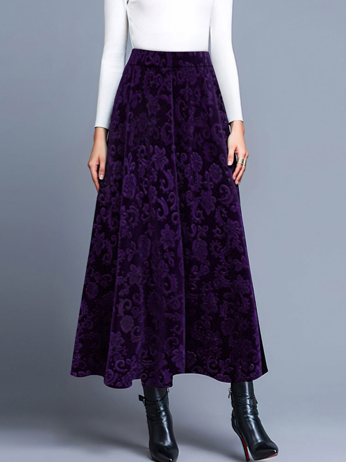Velvet Textured Maxi A-Line Elastic Waist Skirt