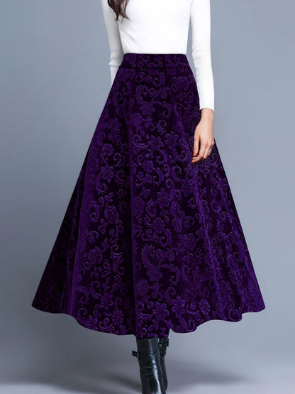 Velvet Textured Maxi A-Line Elastic Waist Skirt