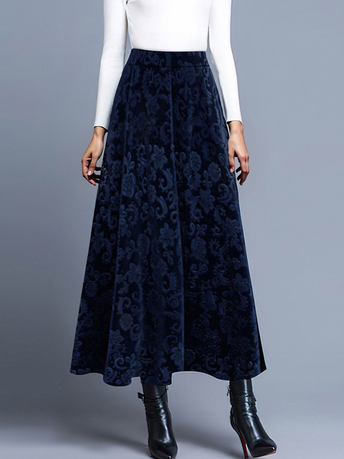 Velvet Textured Maxi A-Line Elastic Waist Skirt