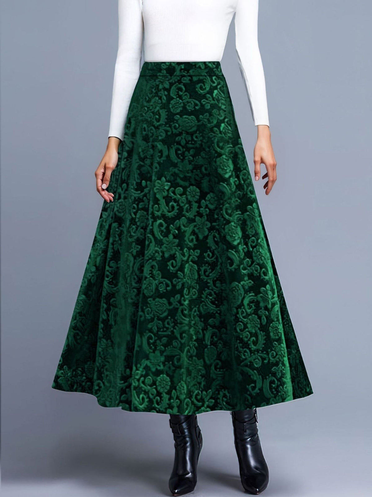 Velvet Textured Maxi A-Line Elastic Waist Skirt