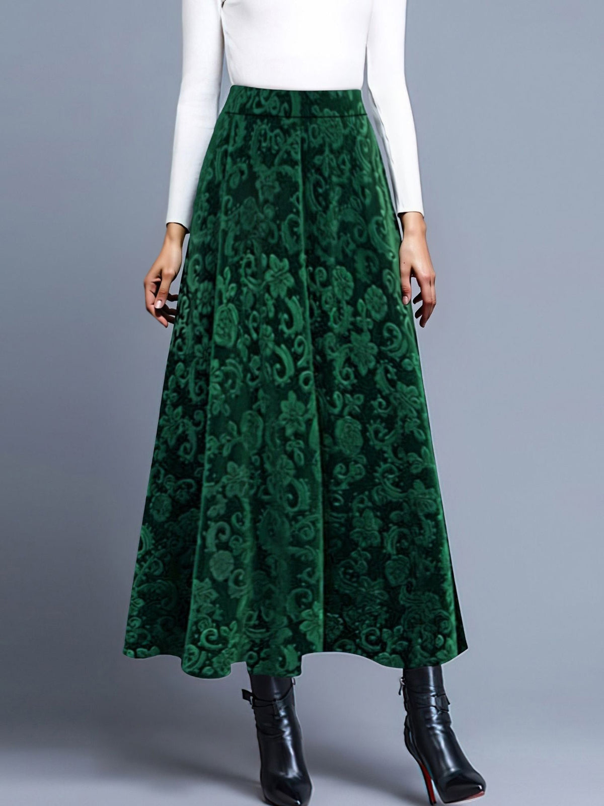 Velvet Textured Maxi A-Line Elastic Waist Skirt