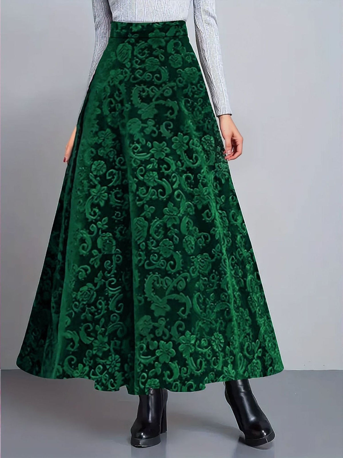 Velvet Textured Maxi A-Line Elastic Waist Skirt