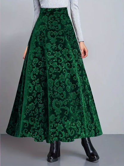 Velvet Textured Maxi A-Line Elastic Waist Skirt