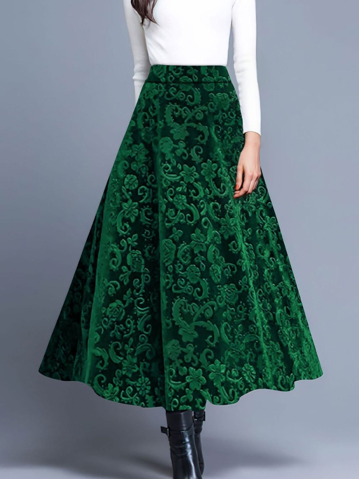 Velvet Textured Maxi A-Line Elastic Waist Skirt