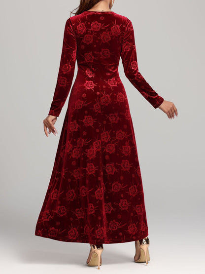 Velvet Floral Textured Round Neck Long Sleeves Maxi Dress