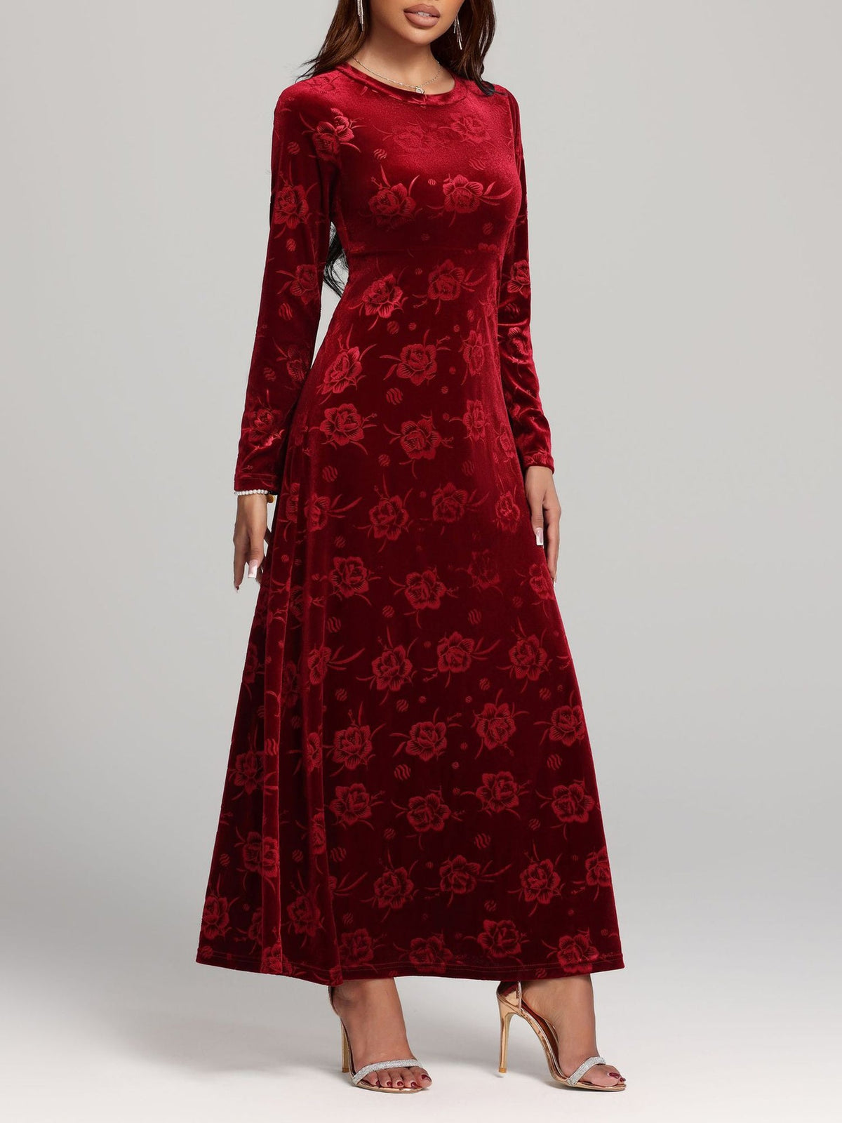 Velvet Floral Textured Round Neck Long Sleeves Maxi Dress