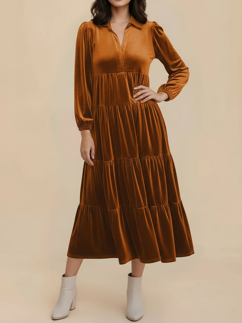 Solid Color Long Sleeve Velvet Tiered Midi Dress