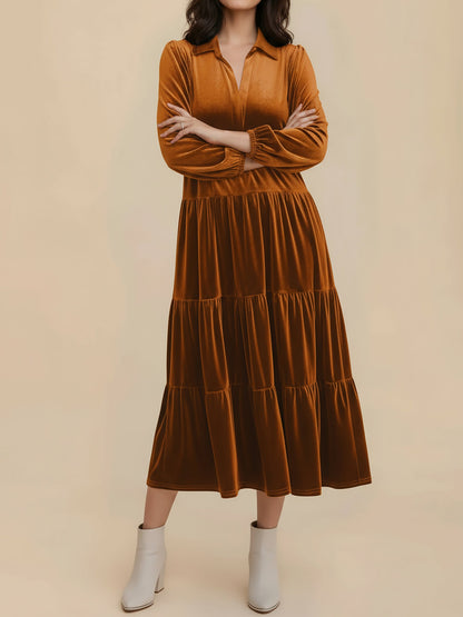 Solid Color Long Sleeve Velvet Tiered Midi Dress
