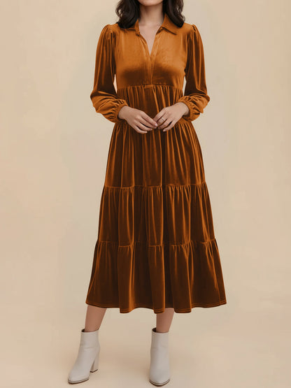 Solid Color Long Sleeve Velvet Tiered Midi Dress