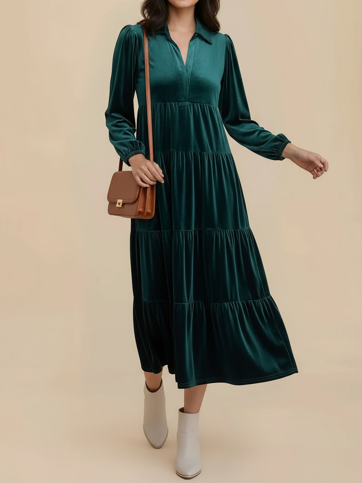 Solid Color Long Sleeve Velvet Tiered Midi Dress