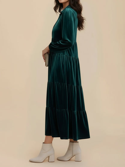 Solid Color Long Sleeve Velvet Tiered Midi Dress