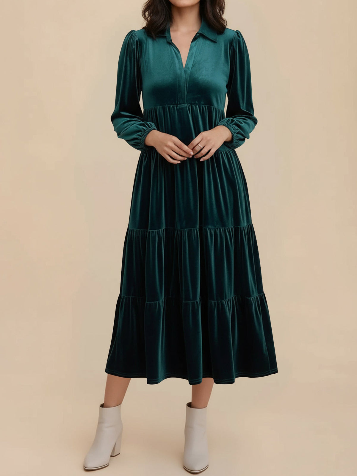 Solid Color Long Sleeve Velvet Tiered Midi Dress