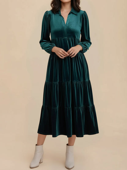 Solid Color Long Sleeve Velvet Tiered Midi Dress
