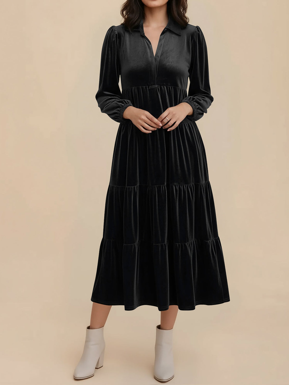 Solid Color Long Sleeve Velvet Tiered Midi Dress