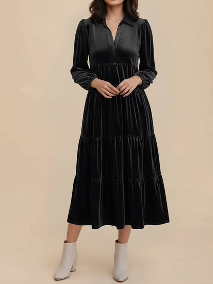 Solid Color Long Sleeve Velvet Tiered Midi Dress