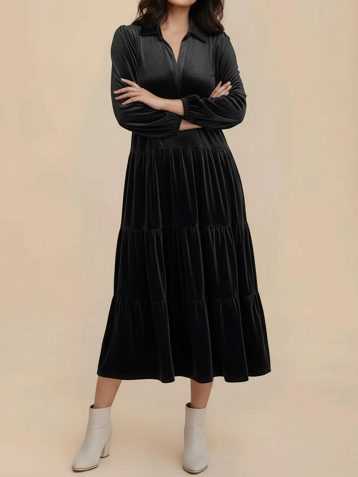 Solid Color Long Sleeve Velvet Tiered Midi Dress