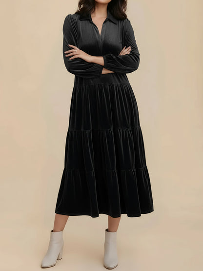 Solid Color Long Sleeve Velvet Tiered Midi Dress