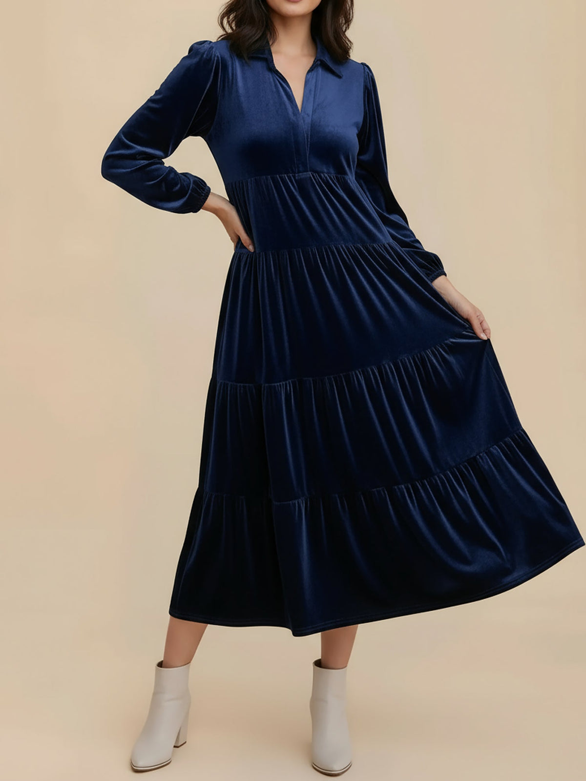 Solid Color Long Sleeve Velvet Tiered Midi Dress