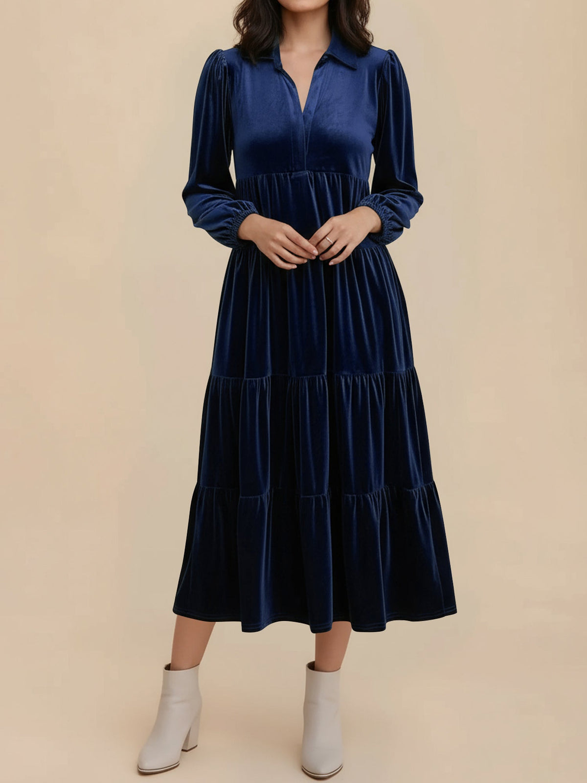 Solid Color Long Sleeve Velvet Tiered Midi Dress