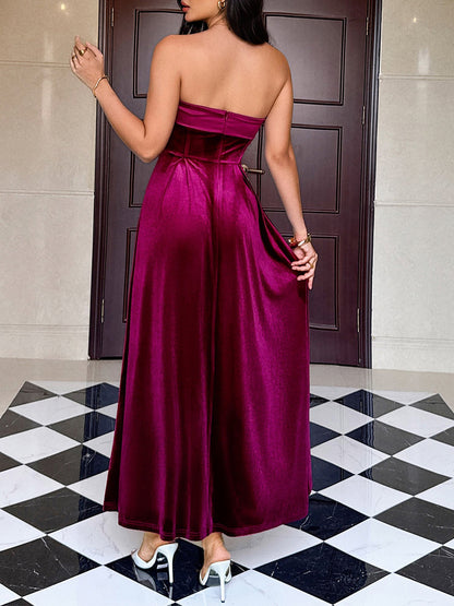 Strapless Velvet Backless Evening Gown Maxi Dress
