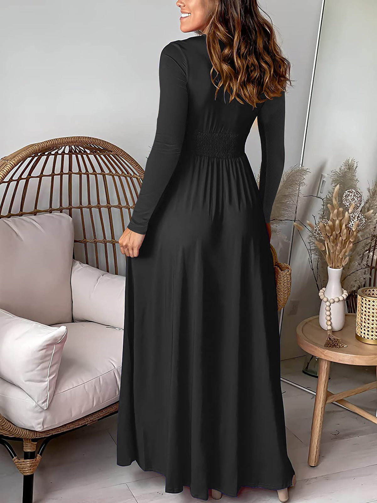 Deep V Neck Long Sleeve Ruched Slit Evening Dress