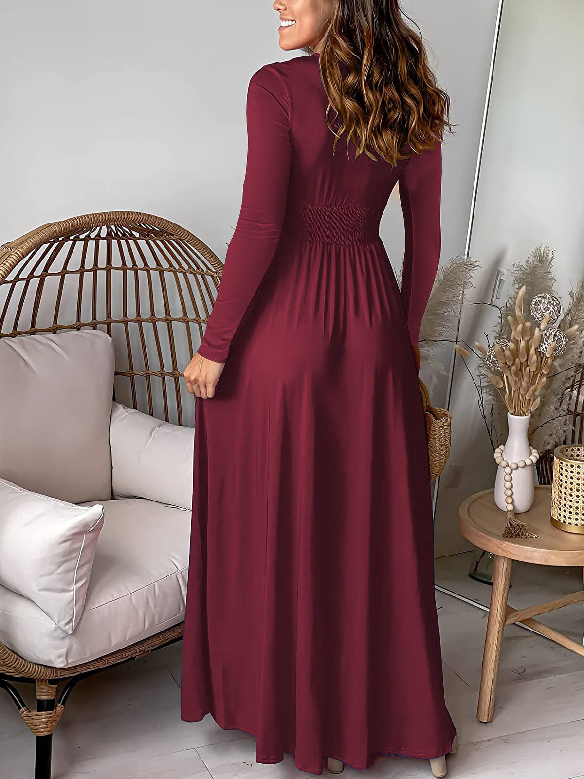 Deep V Neck Long Sleeve Ruched Slit Evening Dress