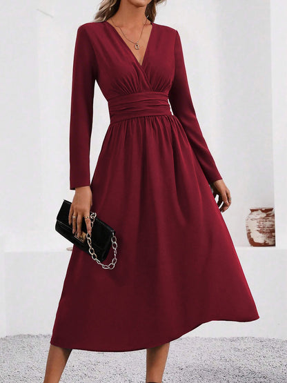 V Neck Long Sleeves Ruched Smocked Midi A-Line Dress