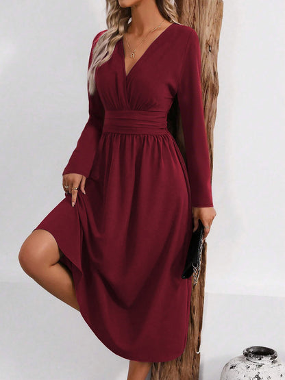 V Neck Long Sleeves Ruched Smocked Midi A-Line Dress