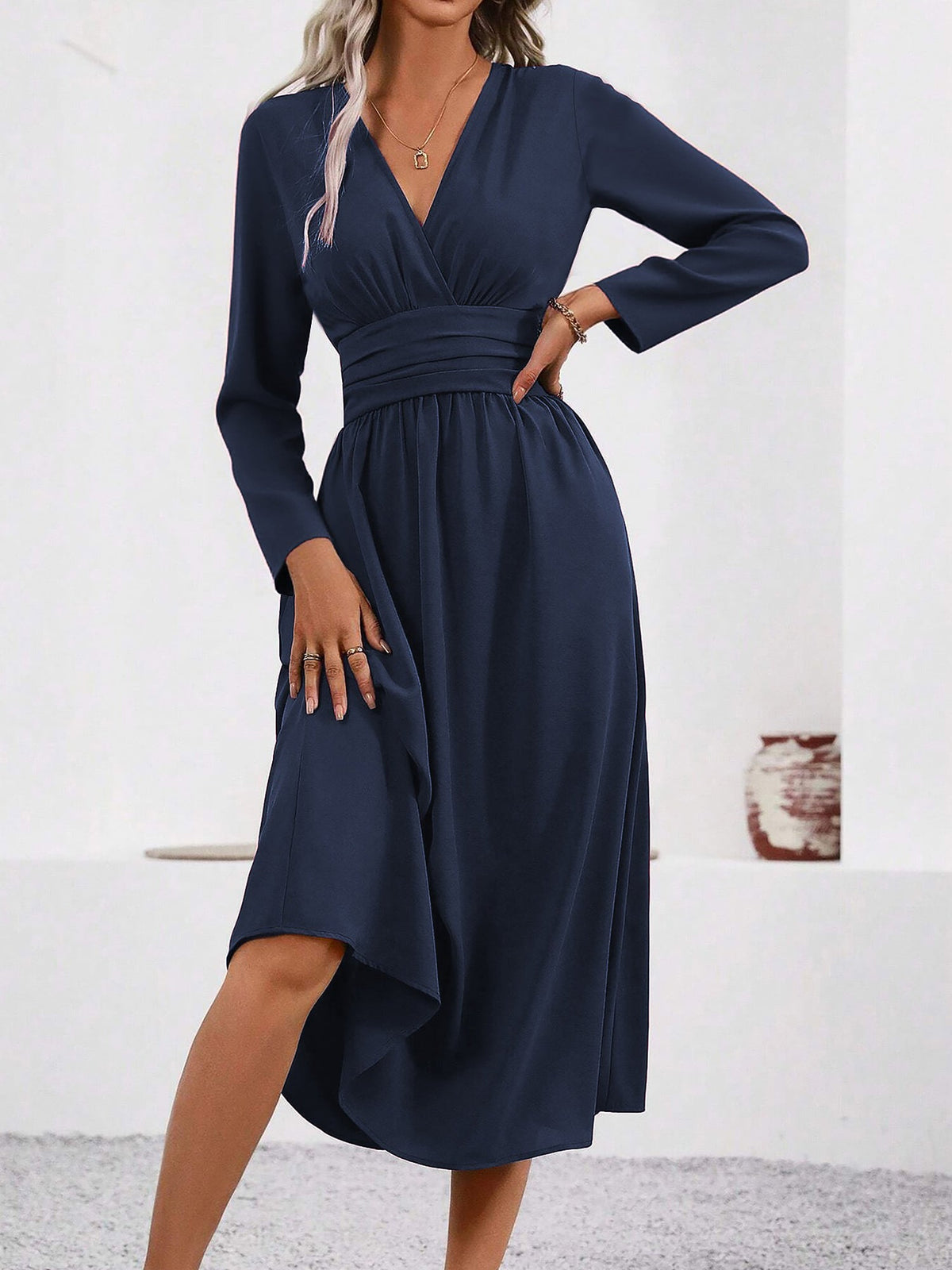 V Neck Long Sleeves Ruched Smocked Midi A-Line Dress