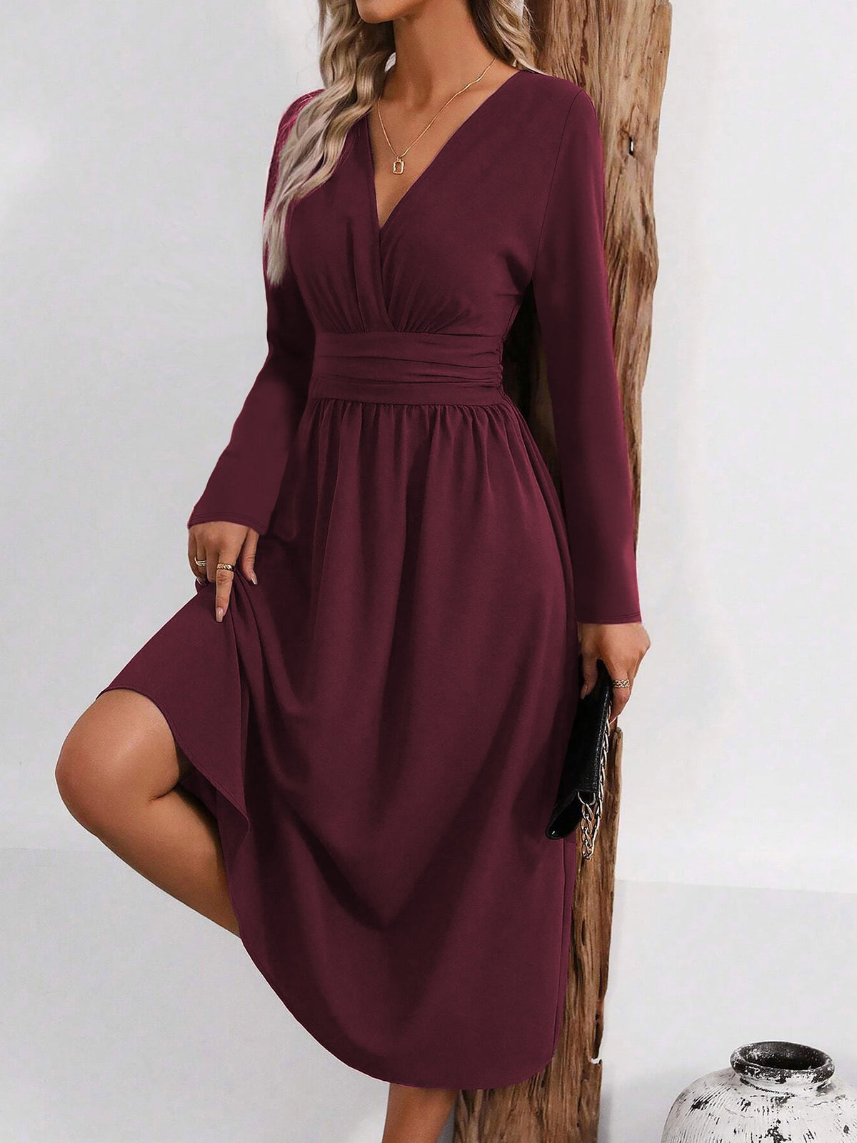 V Neck Long Sleeves Ruched Smocked Midi A-Line Dress