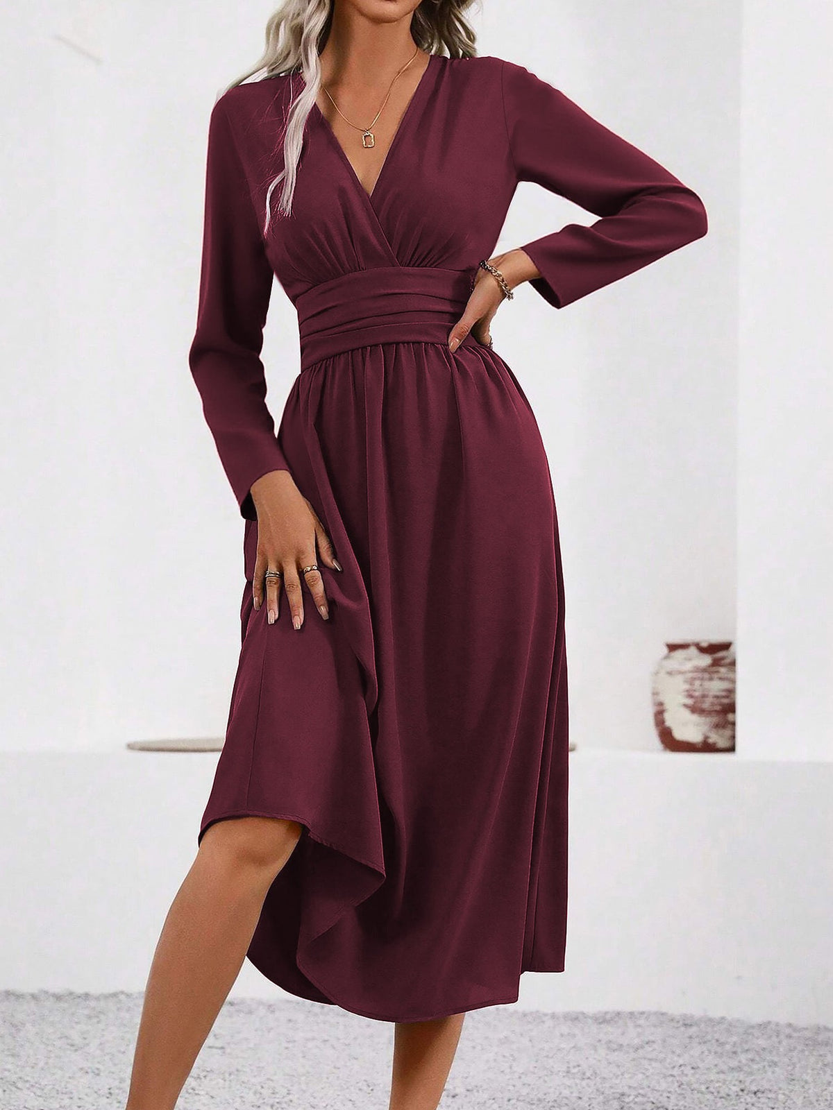 V Neck Long Sleeves Ruched Smocked Midi A-Line Dress